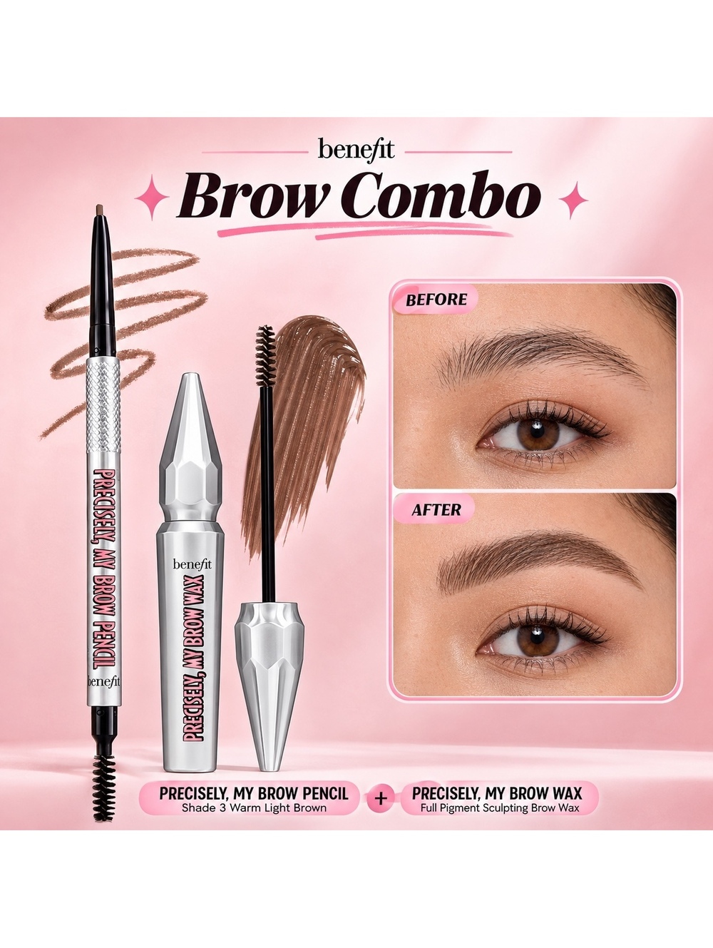 Benefit Brow Duo Precisely My Brow Pencil Shade 3 + Brow Wax Brown NEW